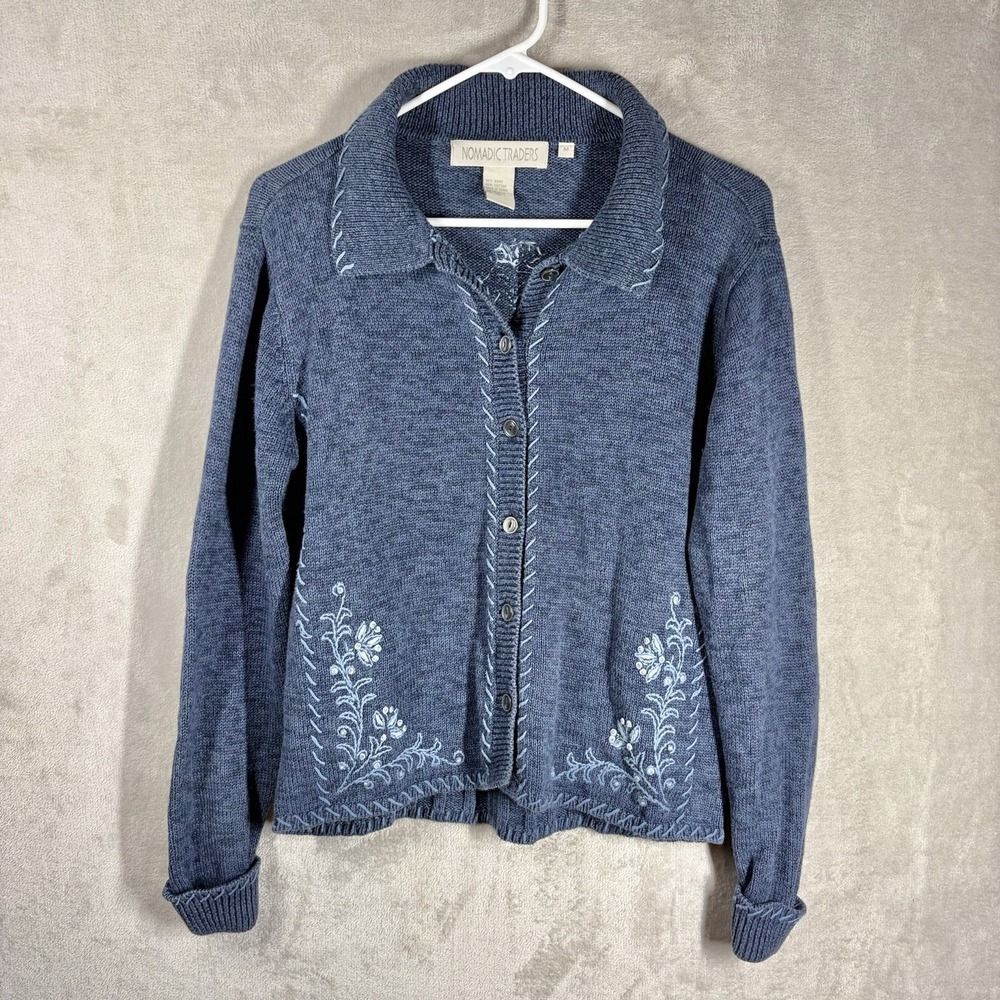 Vintage Nomadic Traders Floral Embroidered Knit Cardigan Size M Blue Cottagecore
